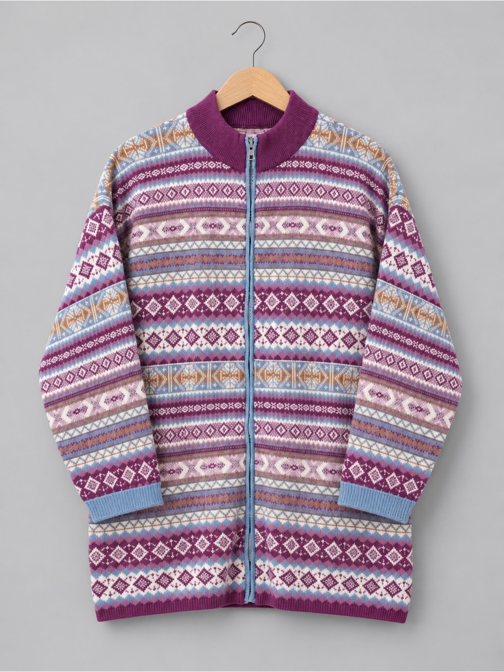 Vintage 90s Lizsport Fair Isle Knit Full Zip Sweater Jacket Cotton Purple S